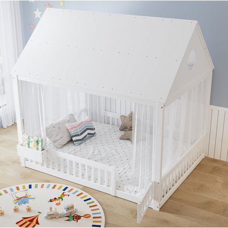 Bett für Kinder 140x200 cm Weiß aus Holz mit Fenster-, Dachdetails und Stauraumfach