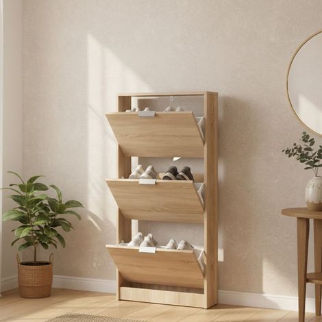 Schuhschrank Melle, Schuhregal mit 3 Fächern, 3 Türen, Griffe inkl., 58x18x119h cm, Hell Eiche Braun (1/5)