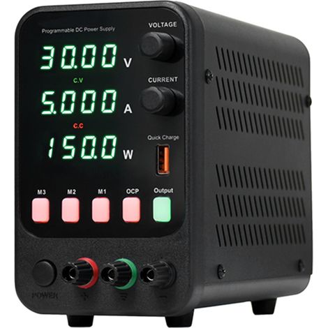 Fuente de alimentación de laboratorio de CC variable de 30 V y 5 A con pantalla digital – CV/CC, puerto USB, alarma de cortocircuito (1/5)