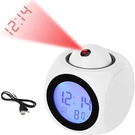 Sveglia digitale con proiettore e display a soffitto, annuncio vocale, visualizzazione della temperatura, luce notturna a LED e altoparlante, funzionamento a batteria, con timer. (1/5)