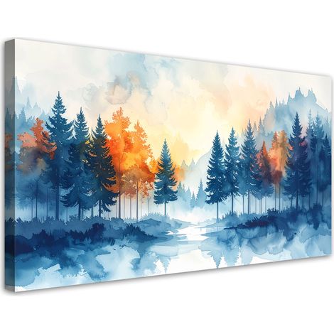 Bild auf Leinwand Nebelverhangener Wald Aquarell Landschaft Natur 100x50 (1/5)