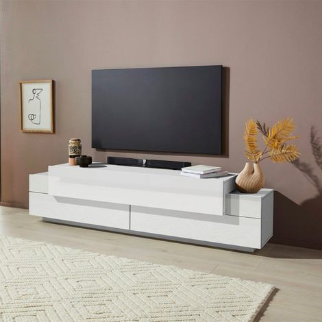 Meuble TV de salon blanc 200cm 4 placards et 3 portes Corona Low Lacq