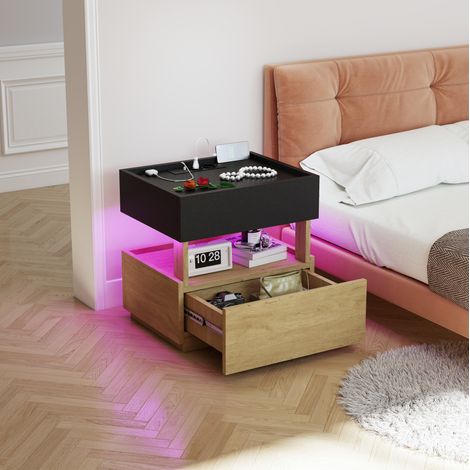 Intelligenter Nachttisch mit kabellosem Laden, USB, LED, 2 Schubladen, schwarz und Holz OKMYHOME (1/5)