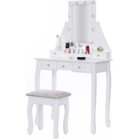 Schminktisch aus Holz – mit Schublade – Spiegel – LED – Hocker – 147 x 80 x 40 cm