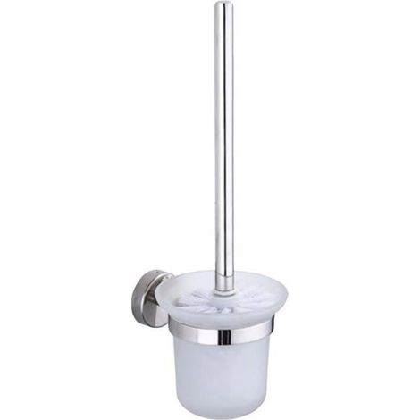 Scopino per WC con supporto - Manico in acciaio inox - Ciotola in vetro temperato - Supporto a parete autoadesivo - Argento (1/4)