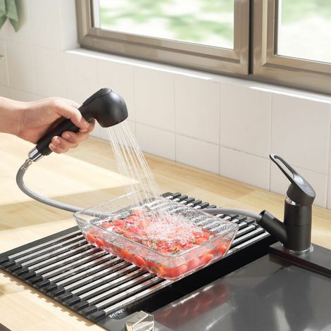 Kitchen tap with pull-out spray, 2 kitchen mixing functions, 120° rotating kitchen tap, black - black (1/5)