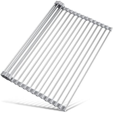 Égouttoir à Vaisselle Enroulable de 45 x 40 cm pour évier de Cuisine, Accessoires Gadget, Organiseur Multifonction, égouttoir Pliable en Acier Inoxydable (Gris) (1/4)
