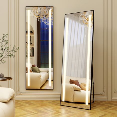 Puluomis – Miroir sur pied 150 x 50 cm avec lumières LED – Réglage de luminosité – Modes d'éclairage chaud, naturel, froid – Verre haute définition noir (1/4)