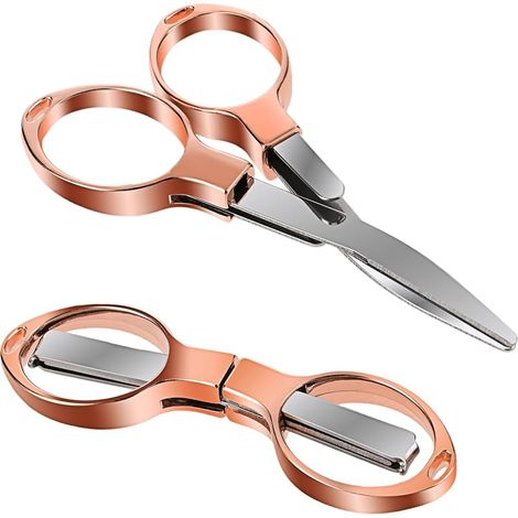 2 ciseaux pliants mini portables télescopiques inox avec trou porte-clés, de voyage et sécurité, adultes enfants, or rose (1/5)