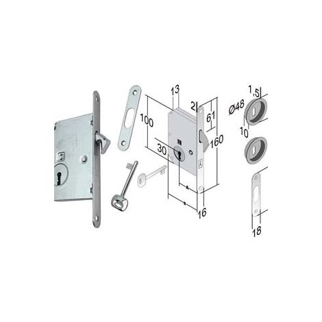 SERRATURA PORTE SCORREVOLI A GANCIO CHIAVE PATENT B. TONDO CR. SAT.- - mm.50 frontale e incontro cromo satinato - BONAITI