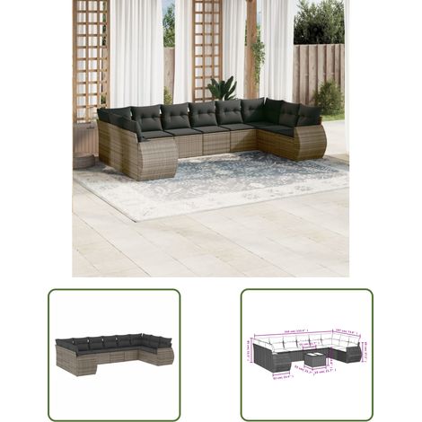 The Living Store 10-tlg. Garten-Sofagarnitur mit Kissen Grau Poly Rattan - Gartenmöbel Set - PE-Rattan Möbel - Outdoor Lounge - Garten Sofa - Esstisch Set (1/3)