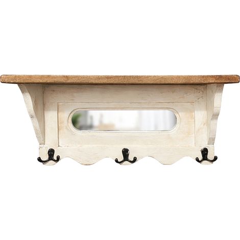 Encantador perchero de madera envejecida color blanco con tres ganchos y espejo. (1/5)