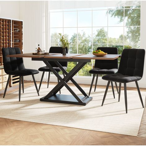 MODFU – Set tavolo allungabile 120-160 cm + 4 sedie in velluto, MDF noce e metallo – Noce/nero (1/5)
