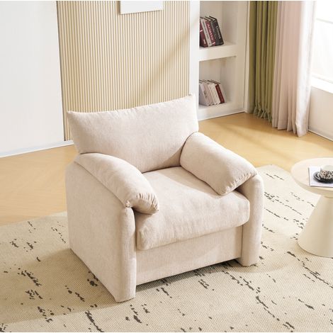 Fauteuil 1 place XXL avec coussin d'accoudoir confort, assise ergonomique, structure en bois et métal chenille beige (1/5)