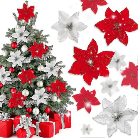 40 künstliche Weihnachtssternblumen mit 40 Clips und 40 Stielen, rot-silberner Glitzer (1/4)