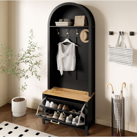 Flurmöbel mit Schuhregal, Ablage und Haken 75 x 35 x 195 cm MDF Schwarz HAVRYA (1/5)