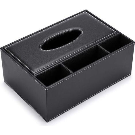 Rechteckiger Taschentuchbox-Spender aus PU-Leder mit 3 Fächern, Schreibtisch-Organizer (schwarz) (1/5)