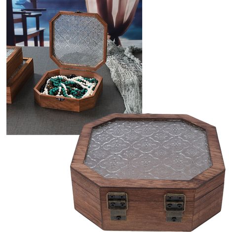 Boîte de rangement pour maquillage et bijoux en bois à motif floral vintage, petite boîte octogonale décorative. (1/3)