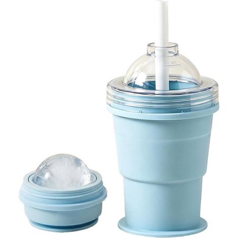 Set mit 2 hellblauen faltbaren Silikon-Trinkbechern für unterwegs mit integriertem Eiswürfelbehälter und wiederverwendbarem Strohhalm Kompakte (1/5)