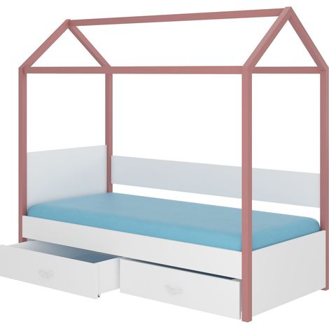 Lit enfant cabane bois pin rose et bois blanc 90x200 avec 2 tiroirs de rangement Forka (1/5)