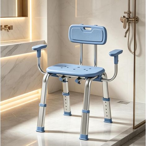 Sedia da doccia ergonomica regolabile, altezza 34-44 cm, blu e argento HAVRYA (1/4)