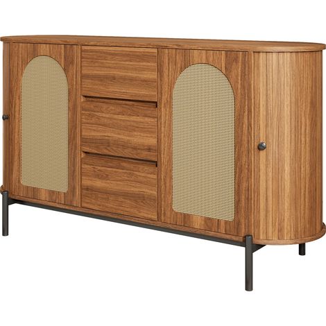 Buffet ovale en MDF avec portes coulissantes en rotin et pieds en métal noir, espace de rangement modulable, couleur noyer (1/5)