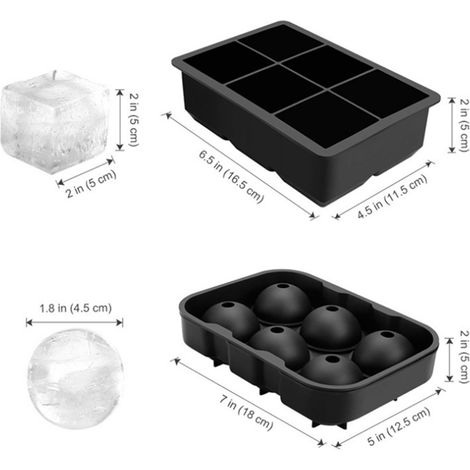 Schwarze Silikon-Eiswürfelformen mit Deckel, 6 runde Kugeln + 6 quadratische Fächer, verschiedene Ausführungen erhältlich, Kombinationspackung mit rosa Diamant-Waben-Eiswürfelformen. (1/5)