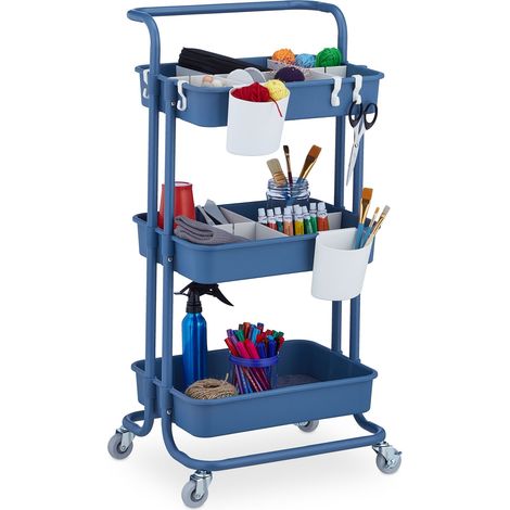 Relaxdays Rollwagen, 3 Etagen, Allzweckwagen, Hobby, Büro, Bad, Küchenwagen HBT 86x43x42 cm, Metall & Kunststoff, blau