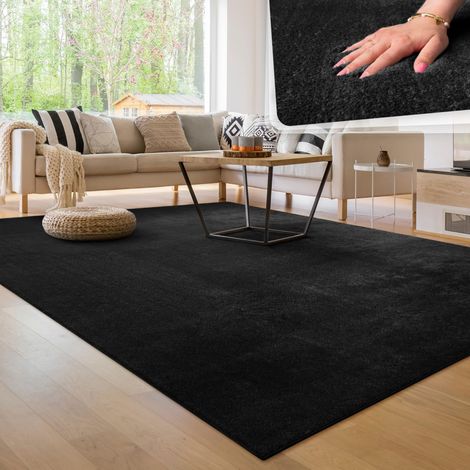 Tapis Salon Moelleux Ultra Doux à Poils Courts - Antidérapant, Lavable, Confort Idéal pour Salon et Chambre, Dimension:140x200 cm, Couleur:Noir (1/5)