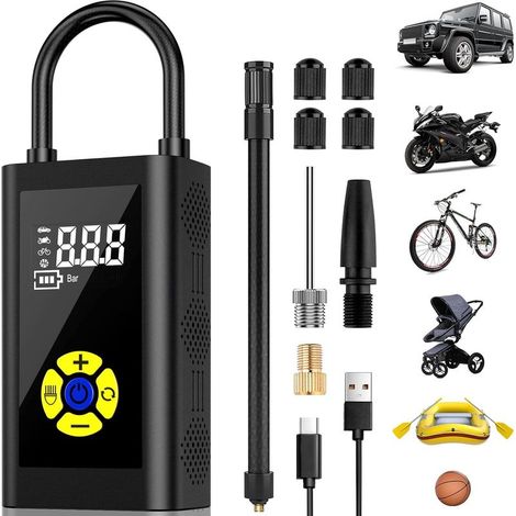 Compresor de aire portátil, versión para inflar neumáticos de coche, bomba para bicicleta, mini compresor para coche con pantalla LCD digital, 150 PSI, carga tipo C, batería de 2000 mAh con luz LED. (1/5)