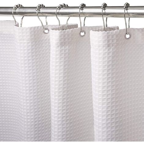 JSSEVN - 180x180cm (white) waffle-pattern shower curtain with plastic ring, mildew-resistant fabric shower curtain for bathtub, heavy-duty shower curtain for bathtub/shower cubicle with weighted hem (1/5)