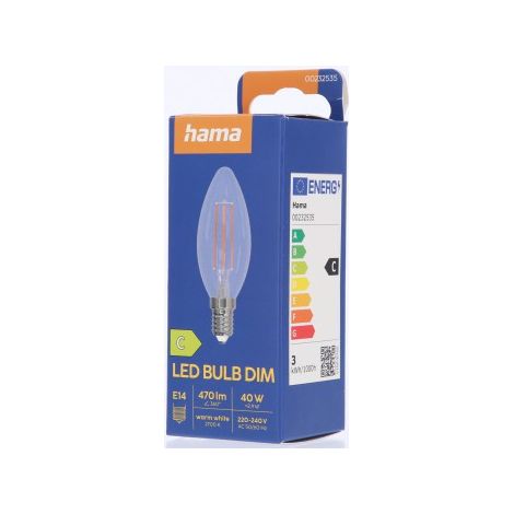 AMP. FILAM. LED, E14, 470LM REMPL. 40W, BOUGIE C35, TRS., BLC CHD, RGL. HAMA (1/3)