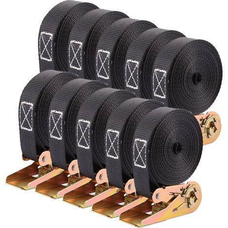 10 Pièces Sangle a Cliquet, Longueur 6 m,Largueur 25 mm Sangle Arrimage, Noir Sangles D'arrimage pour Arrimage de Chargement, Manutention de Bagages, Camping (1/5)