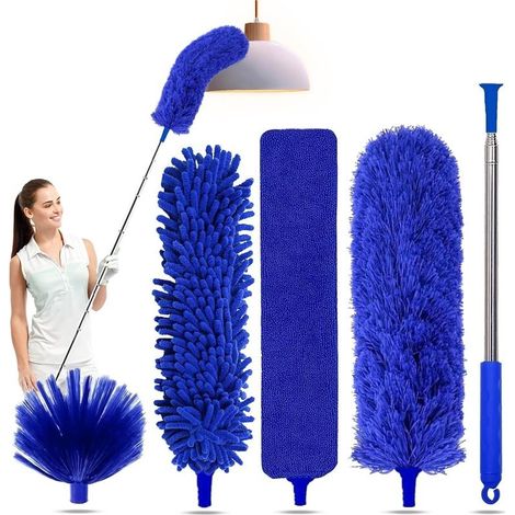 Kit de plumeau 5 en 1 pour le nettoyage, plumeau avec manche extensible, plumeau extensible de 100 pouces, plumeau en microfibre - Bleu (1/5)