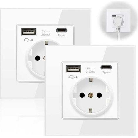 Prise Murale - USB + Type-C - 230 V - Protection Surintensité - Blanc - 86 mm - Lot de 2 (1/5)