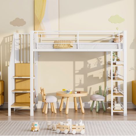 Letto soppalco 90x200 cm in metallo bianco con contenitore per cameretta senza materasso - FLORAGRACE (1/5)