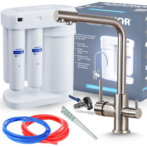 Kit de filtro de agua potable por ósmosis inversa Aquaphor Morion 101S + grifo de cocina de tres vías de acero inoxidable Venom (1/5)