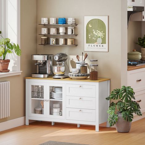 Aparador para Salón Armario Auxiliar con 2 Puertas de Vidrio 3 Cajones Estante Ajustable para Cocina 120x40x70 cm Blanco (1/5)