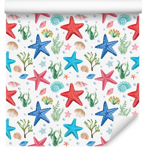 Carta da parati con stelle marine bianche e corallo per soggiorno e camera da letto 50x1000 cm (1/5)