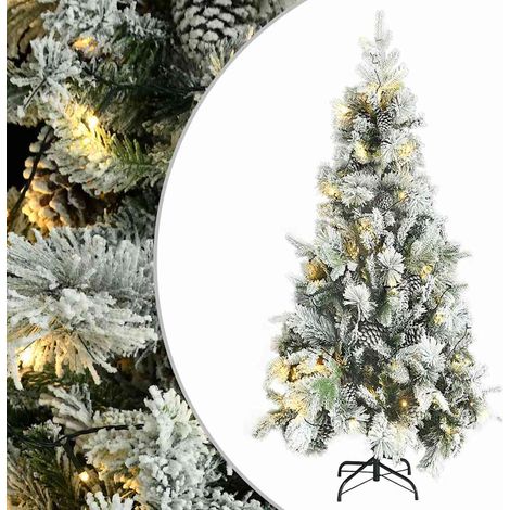 Sapin de Noël Artificiel Enneigé Pré-éclairé 300 LED 225cm Vert et Blanc avec Pommes de Pin - PANGIVO (1/5)