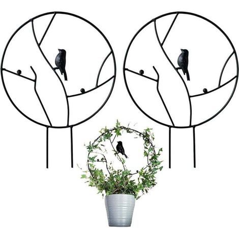 Lot de 2 treillis de jardin en fer pour plantes grimpantes, petit treillis antirouille de 40,6 cm pour plantes d'intérieur en pot, treillis rond avec oiseau – Noir (1/4)