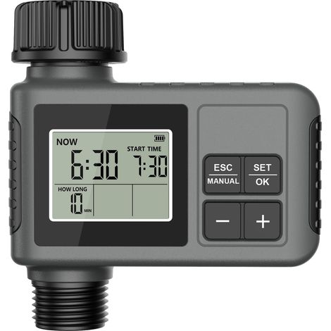 Timer digitale per irrigatore da giardino per esterni (grigio, 1 bocchetta), timer programmabile con ritardo pioggia/irrigazione a goccia manuale/automatica. (1/5)