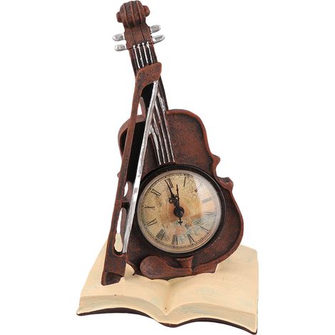 Horloge violon au design vintage, posée sur un livre de musique. Modèle en résine représentant un violon, idéale pour un chef d'orchestre, un professeur de musique ou un étudiant. (1/5)
