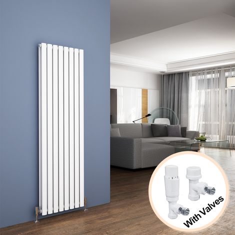 ELEGANT Vertical Radiator 1600 x 472mm Double Panel Designer White Oval Column Heating Rad with White Thermostatic Radiator Valves (1/5)