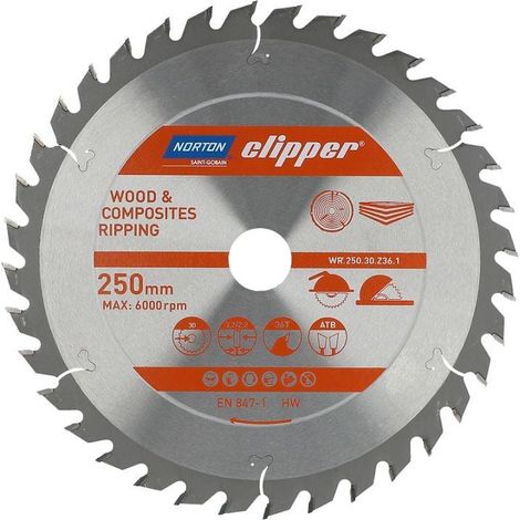 Sierra circular Norton 250 mm (3,2 / 2,2), corte longitudinal y transversal para madera y materiales compuestos, 36 dientes, carburo y acero, 6000 rpm, diámetro 30 mm, sierra de mesa (1/2)