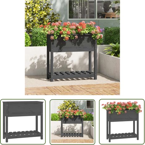 The Living Store Jardinière avec étagère Gris 82,5x34,5x81 cm Bois massif de pin - Jardinier - Pot De Fleurs Extérieur - Jardinière Bois - Jardinière Surélevée - Rangement Jardin (1/5)