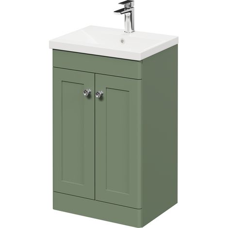 Wholesale Domestic Danbury Satin Green 500mm Floor Standing Vanity Unit with 1 Tap Hole Modern Basin and 2 Doors with Polished Chrome Handles (1/5)