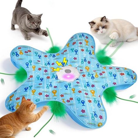 Jeu de cache-cache 2 en 1 pour chat - 65 cm - Rechargeable - Motif petit poisson - Comprend une canne à pêche avec plumes - Jouet interactif pour chat - Jouet d'intérieur interactif - Bleu (1/5)