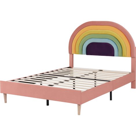 Cama capitoné 140 x 200 cm de terciopelo rosa con somier de lamas y cabecero regulable (1/5)