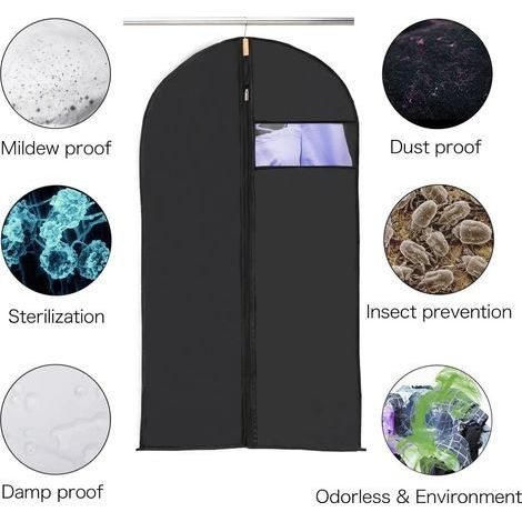 5 Reise-Kleidersäcke mit Sichtfenster, Sichtschutz für Jacken und Anzüge, staubdicht, wasserdicht, mottenfest und feuchtigkeitsbeständig, 60 x 130 cm, Schwarz (1/4)